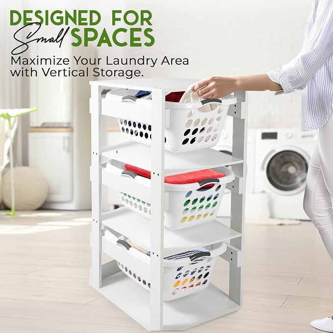 Laundry Basket Holder Shelf – Stackable Engineered Wood Laundry Tower, Tiered - Image 4