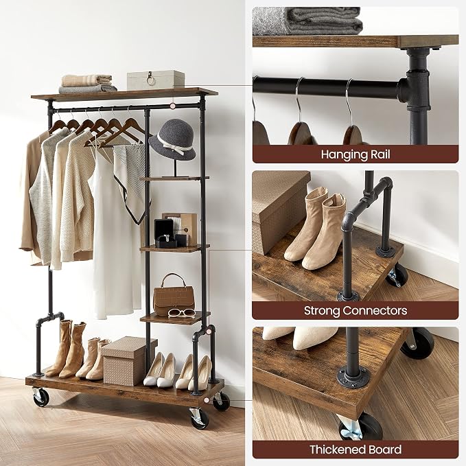 VASAGLE Clothes Rack, Clothing Garment Rack on Wheels, Rolling Clothes Organizer - Image 4