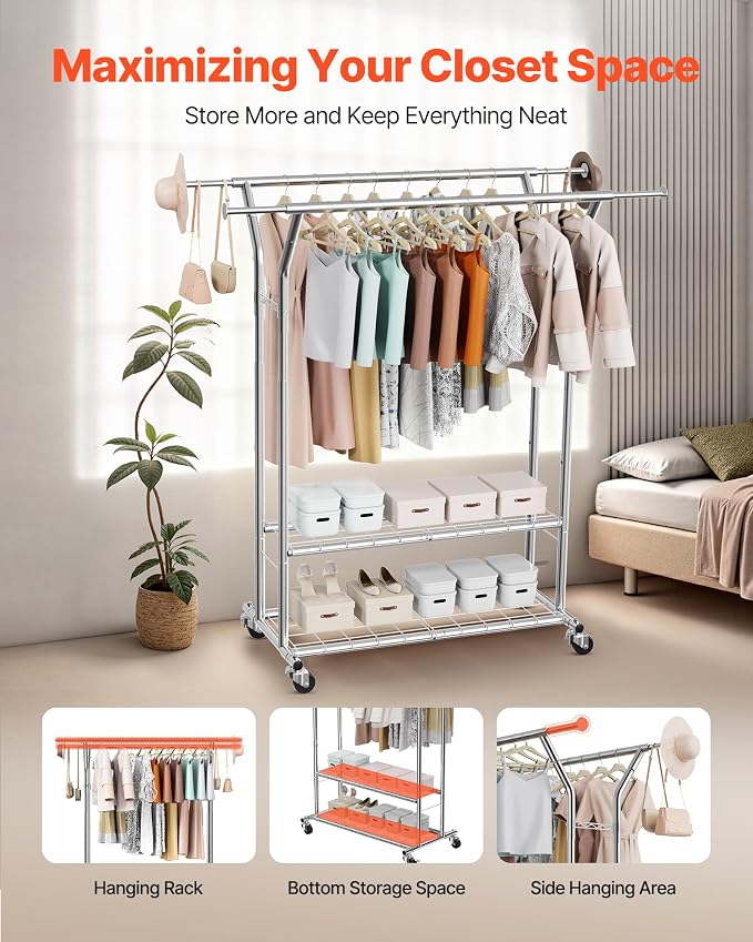 VEVOR Clothes Rack, Rolling Clothing Garment Rack, Extendable Carbon Steel - Image 2