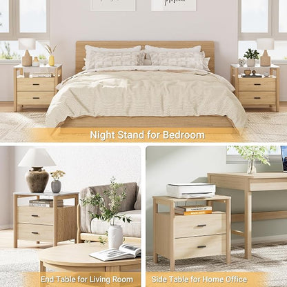 Night Stand with Charging Station, 2 Drawers End Table with Solid Round Post - Image 6