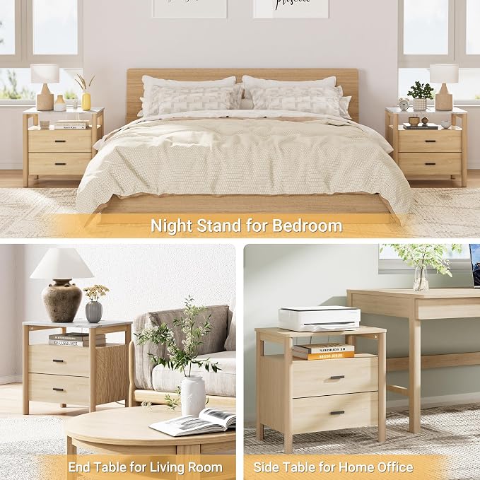 Night Stand with Charging Station, 2 Drawers End Table with Open Shelf - Image 6