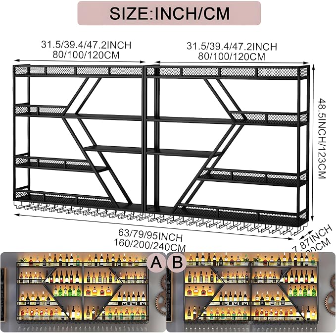 63in Metal Wine Rack Wall Mounted, Modern Wine Storage Rack Wall Mounted - Image 2