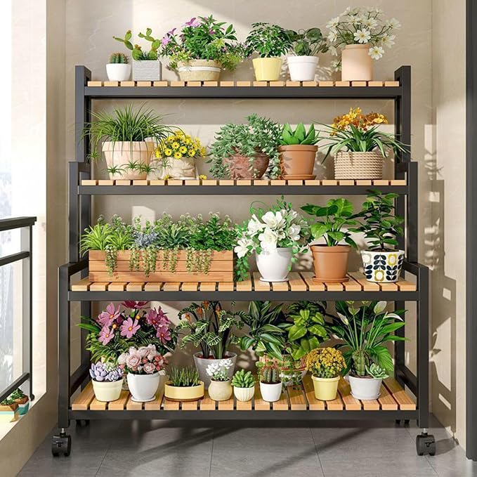Rolling Plant Stand Bamboo 4 Tier Plant Stand Rack Shelf - Image 3