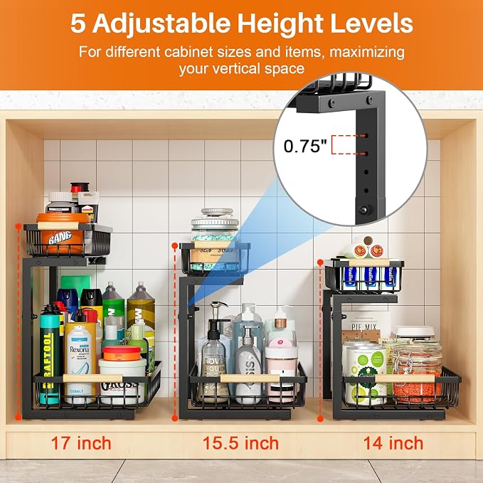 REALINN Under Sink Organizer, 2 Pack Height Adjustable Under Sink Organizers - Image 3