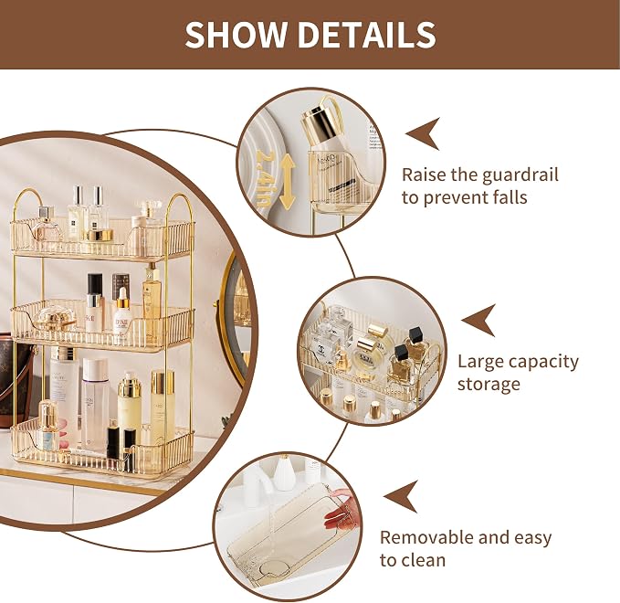 3 Tier Bathroom Organizer Countertop Makeup Perfume Tray Skincare Organizer - Image 5