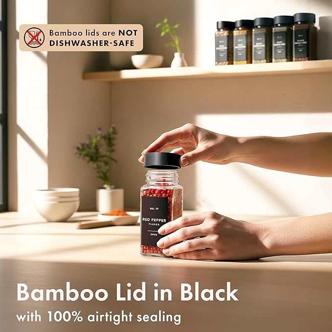Square Spice Jars with Black Bamboo Wooden Lid Spice Jars with Shaker Insert - Image 5