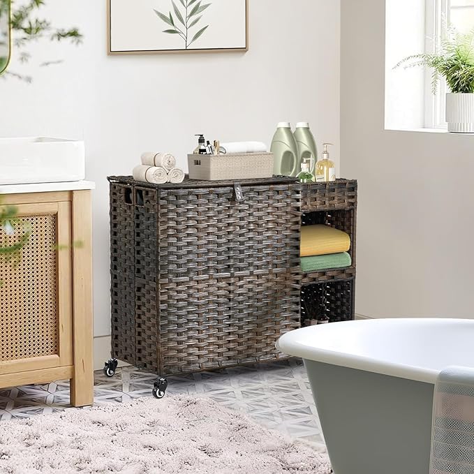 Laundry Hamper with Wheels, 42.3 Gal. Laundry Sorter with Shelves, Rattan - Image 2