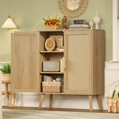 Iwell Storage Cabinet with 2 Shelves, Rattan Cabinet with 2 Doors, Sideboard - Image 2