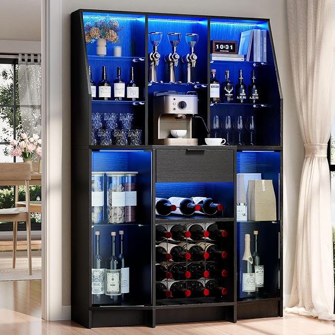 59.05" Wine Bar Cabinet W/ LED Lights & Tempered Glass Door, Home Bar Liquor by LOOMIEDirect