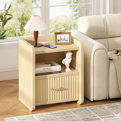 Night Stand with Charger Station, Fluted Wood Nightstand with Drawer Storage - Image 5