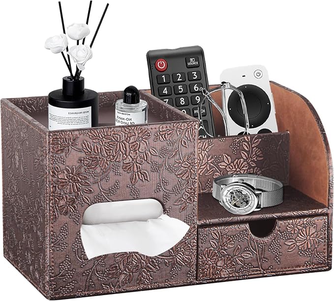 YAPISHI Tissue Box Cover with Storage Tray and Drawer, PU Leather Square Tissue by YAPISHI