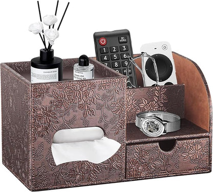 YAPISHI Tissue Box Cover with Storage Tray and Drawer, PU Leather Square Tissue by YAPISHI