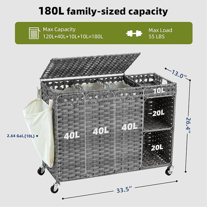 Laundry Hamper with Lid, 160L Rattan Wicker Laundry Basket with Wheels - Image 3