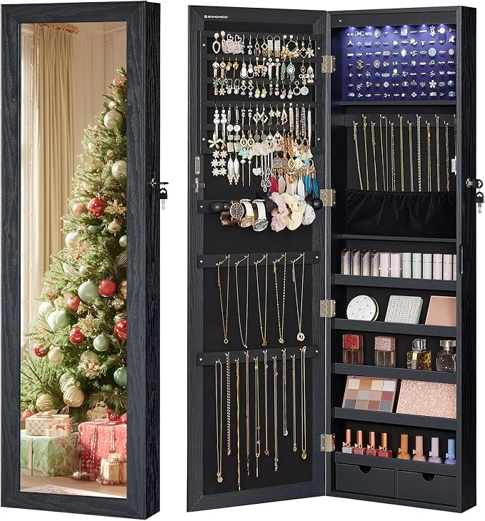 SONGMICS 6 LEDs Mirror Jewelry Cabinet, 47.2-Inch Tall Lockable Wall or Door by SONGMICSbySONGMICSHOME