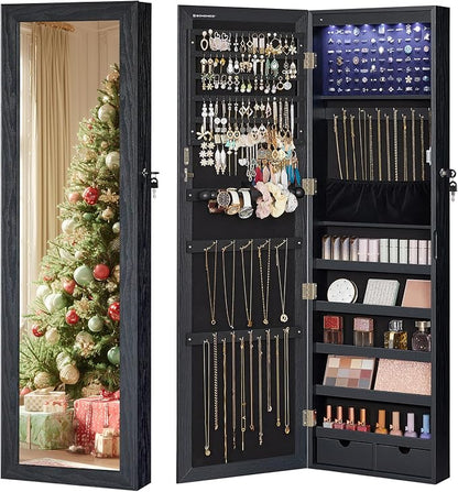 SONGMICS 6 LEDs Mirror Jewelry Cabinet, 47.2-Inch Tall Lockable Wall or Door by SONGMICSbySONGMICSHOME