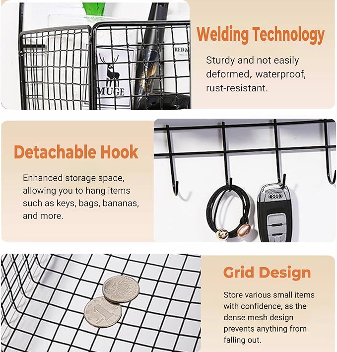 2-Pack Metal Hanging Baskets Black Adhesive Wire Wall Storage Organizer | - Image 8