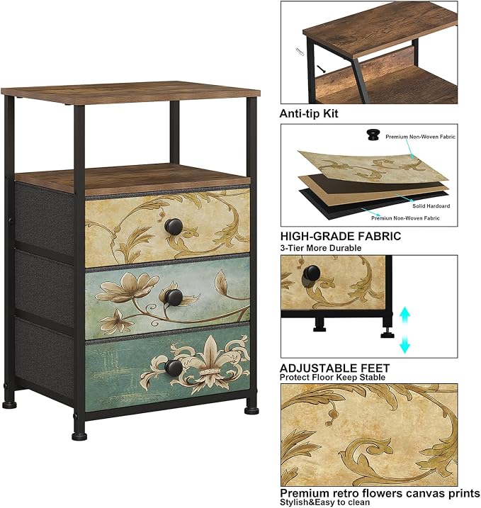 Tohomeor Nightstand with 3 Fabric Drawers Retro End Table with Storage Shelf - Image 5
