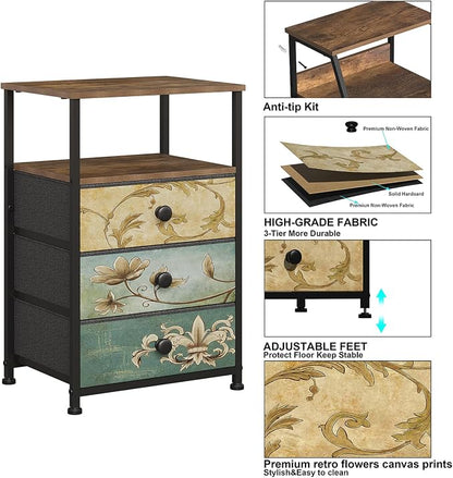 Tohomeor Nightstand with 3 Fabric Drawers Retro End Table with Storage Shelf - Image 5
