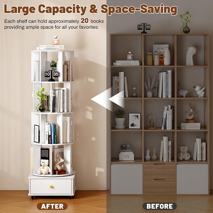 4 Tier Wood Rotating Bookshelf, 360° Spinning Bookshelf Tower - Image 3