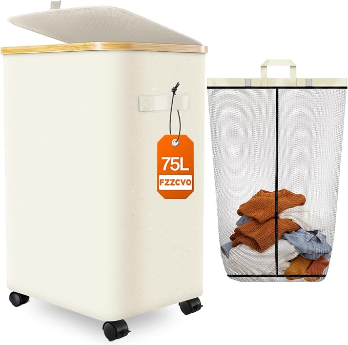 Laundry Hamper with Wheels, 75L Large Clothes Hamper with Removable Inner Bag by Fzzcvo