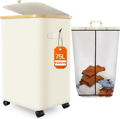Laundry Hamper with Wheels, 75L Large Clothes Hamper with Removable Inner Bag by Fzzcvo