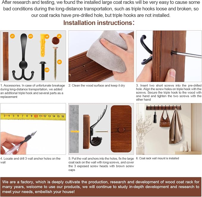 Large Coat Rack Wall Mount 38.6'' Rustic Wood Coat Rack Hook Long Coat Hooks - Image 7
