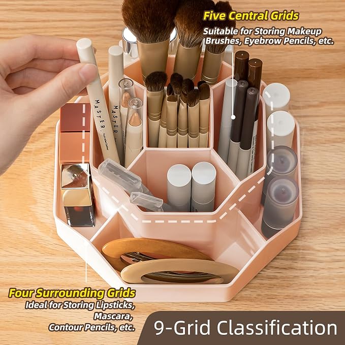 360° Rotating Pink Makeup Brush Holder Organizer - Image 4