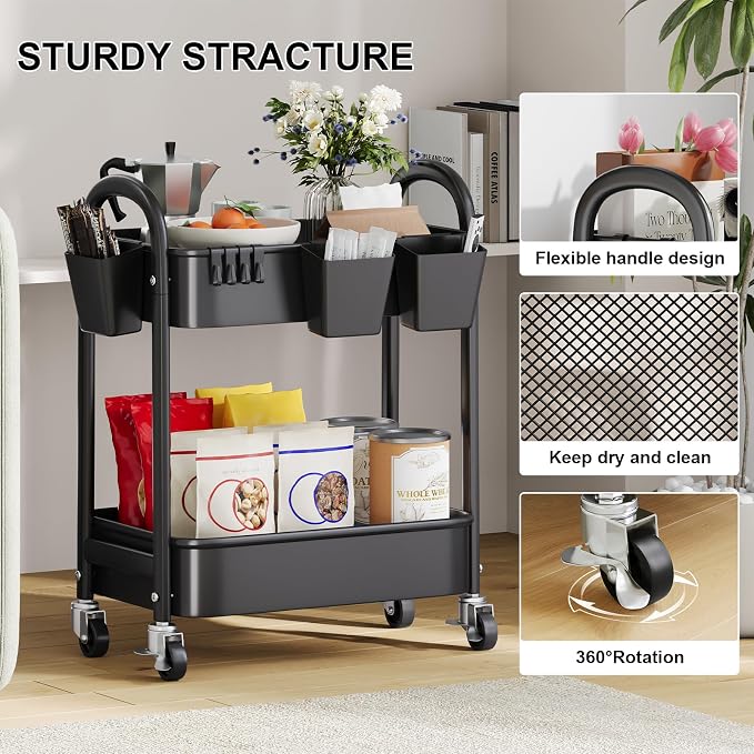 2 Tier Rolling Cart Metal on Wheels, Two Tiered Short Storage Side Table - Image 6