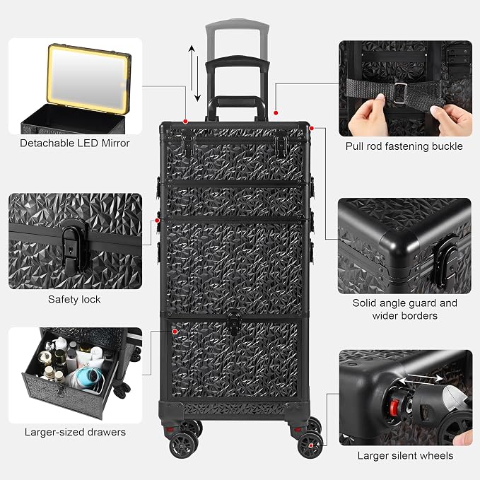 Rolling Makeup Case with Lighted Mirror, Makeup Train Case with Large Drawer - Image 6