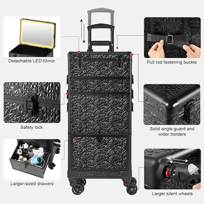 Rolling Makeup Case with Lighted Mirror, Makeup Train Case with Large Drawer - Image 6