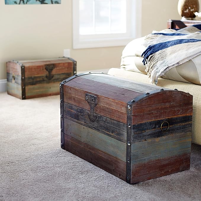 Household Essentials Large Wooden Storage Trunk, Weathered Wood - Image 2