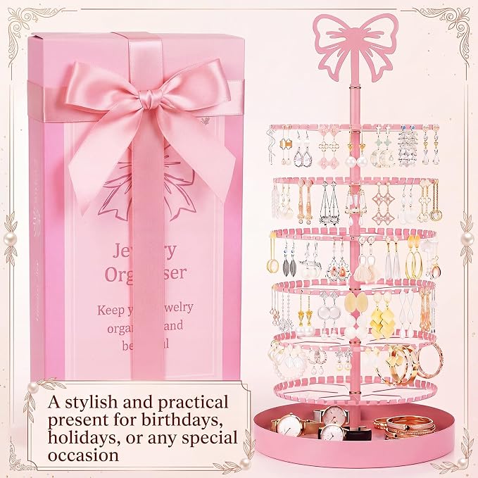 Hicarer 6 Tier Pink Bow Rotating Earring Holder Organizer Stand, 330 Holes - Image 6