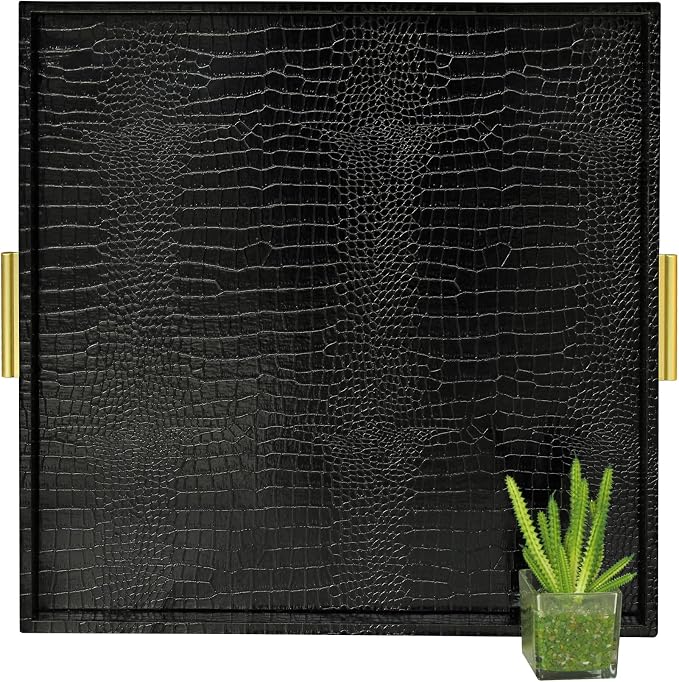 HofferRuffer Extra Large Square Serving Tray, Elegant Faux Leather Ottoman Tray by HofferRuffer
