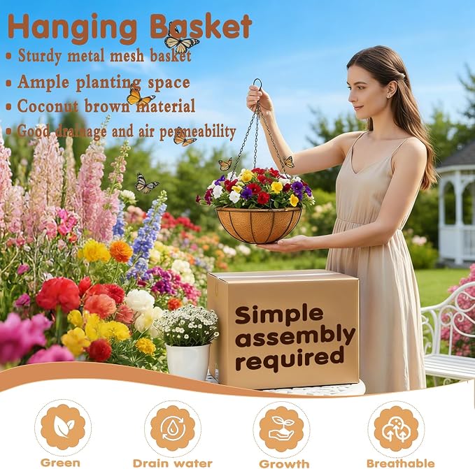 14 inch Metal Hanging Baskets For Plants Outdoor 4 Pack Round Metal Wire - Image 2