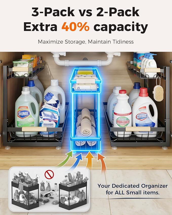 Sevenblue 3 Pack Under Sink Organizer, Height Adjustable 2 Tier Pull-Out Metal - Image 2