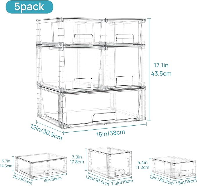 Vtopmart Clear Stackable Storage Drawers Set of 5, Easily Assemble Acrylic - Image 3