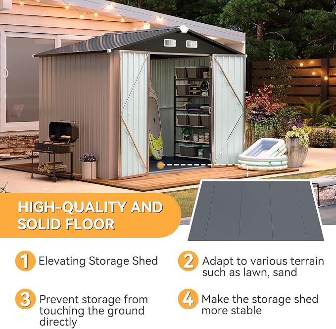 Aoxun 8x6FT Shed with Floor Galvanized Steel Outdoor Storage Shed Metal Garden - Image 2