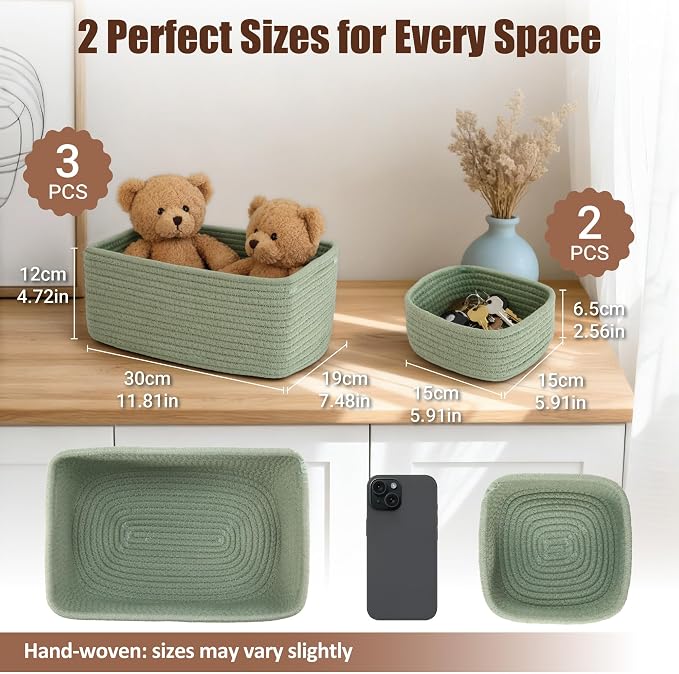5-Pack Small Woven Rope Storage Baskets, 2 Sizes Organizer Bins | Fabric Cube - Image 2