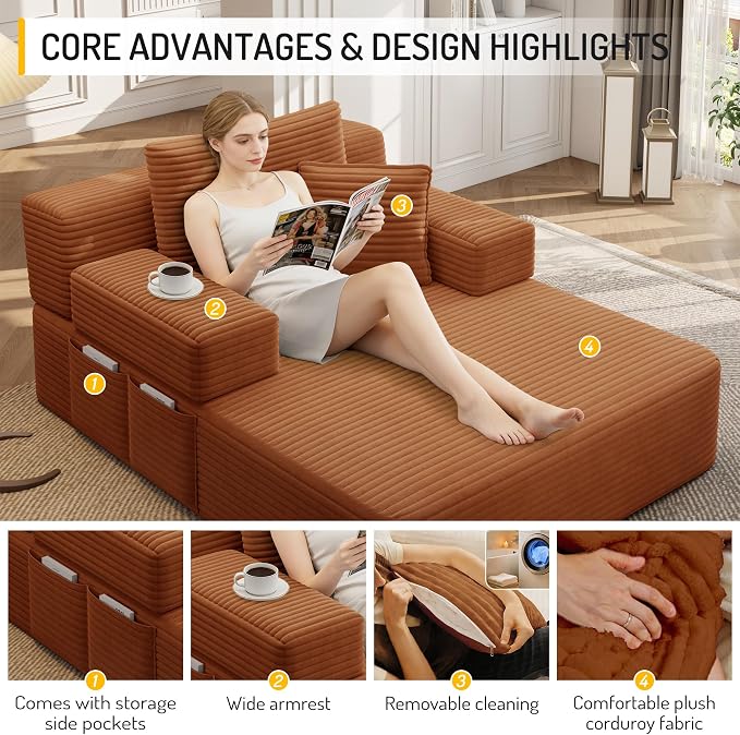 2-in-1 Convertible Chaise Lounge Indoor, 60.2" Corduroy Upholstered Chaise - Image 4