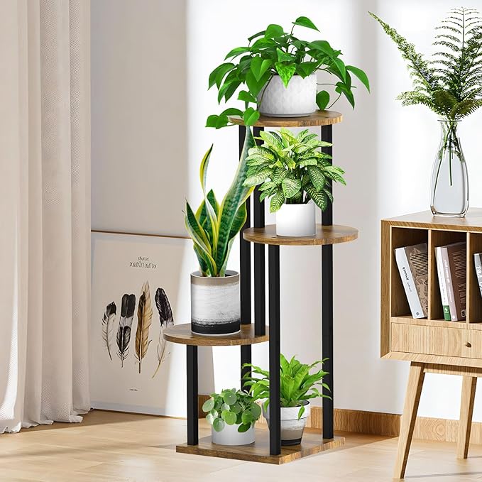4 Tier Wood Tall Plant Stand Metal Rack Indoor, Round Planter Shelf Display - Image 5