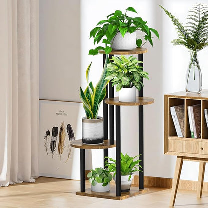 4 Tier Wood Tall Plant Stand Metal Rack Indoor, Round Planter Shelf Display - Image 5