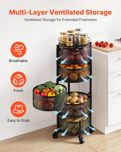 VEVOR Rotating Storage Rack Cart, 5 Tier Fruit and Vegetable Basket Bowls - Image 5