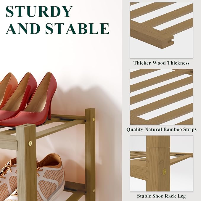 Smiry Bamboo Shoe Rack for Closet, 2 Tier Wooden Stackable Shoe Organizer - Image 3