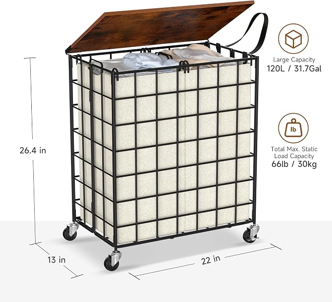 Laundry Basket with Wheels, Heavy Duty Laundry Sorter 2 Sections, 120L Large - Image 3