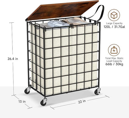 Laundry Basket with Wheels, Heavy Duty Laundry Sorter 2 Sections, 120L Large - Image 3