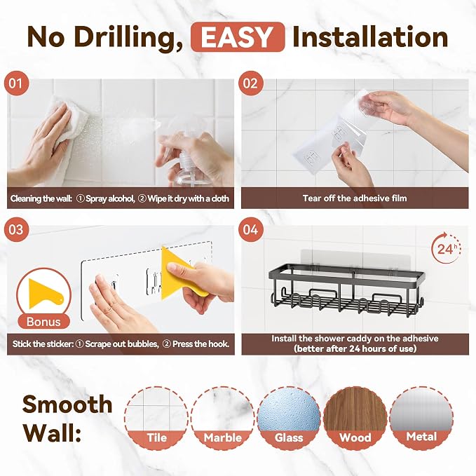 YASONIC Shower Caddy Adhesive, 100% Rustproof Shower Organizer, Large Capacity - Image 8