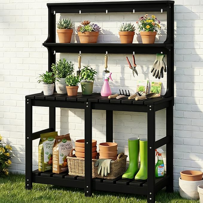 Outdoor Potting Bench with 3 Tier, All-Weather Patio Potting Table with Tool by Polyhouz