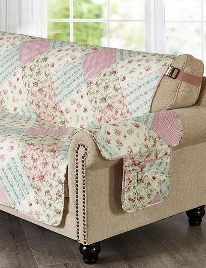 Brilliant Sunshine Pink and Green Rose Patchwork Sofa Armrest 5 Pockets - Image 2