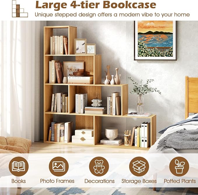 Tangkula 4-Tier Stepped Bookshelf, Freestanding 6 Cubes Ladder Bookcase - Image 7