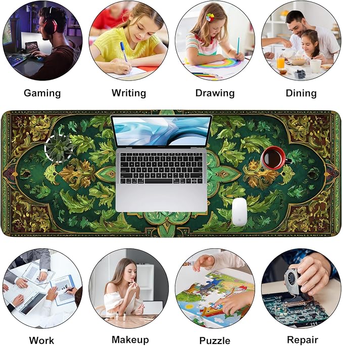Green Vintage Floral Mouse Pad – Large Extended Desk Mat 31.5 x 11.8 in– Ornate - Image 9